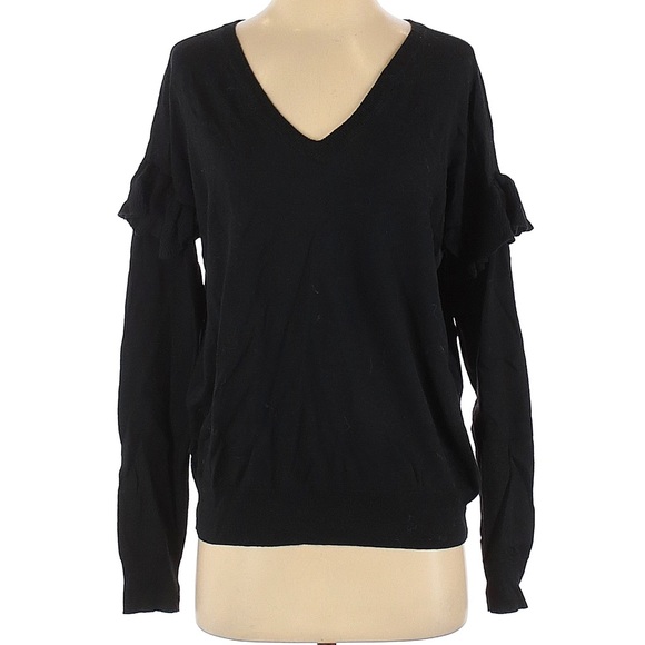 Black V-Neck Sweater, Ruffle Sleeves (FOLK hansel from basel) - Picture 2 of 5